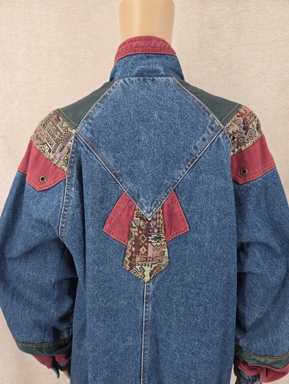 Vintage Denim Blue Jean Oversized Jacket Aztec Tapestry Corduroy Patchwork - Picture 5 of 14